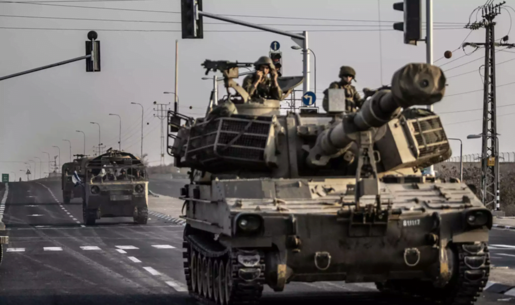 Israel deploys tanks and armoured vehicles near the Gaza border in Sderot, Israel on 24 October 2023. (Photo by Mostafa Alkharouf/Anadolu via Getty Images)